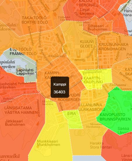 Kuvankaappauksessa on Helsingin keskustan alueita jaettu asuntokuntien tulojen mukaan.