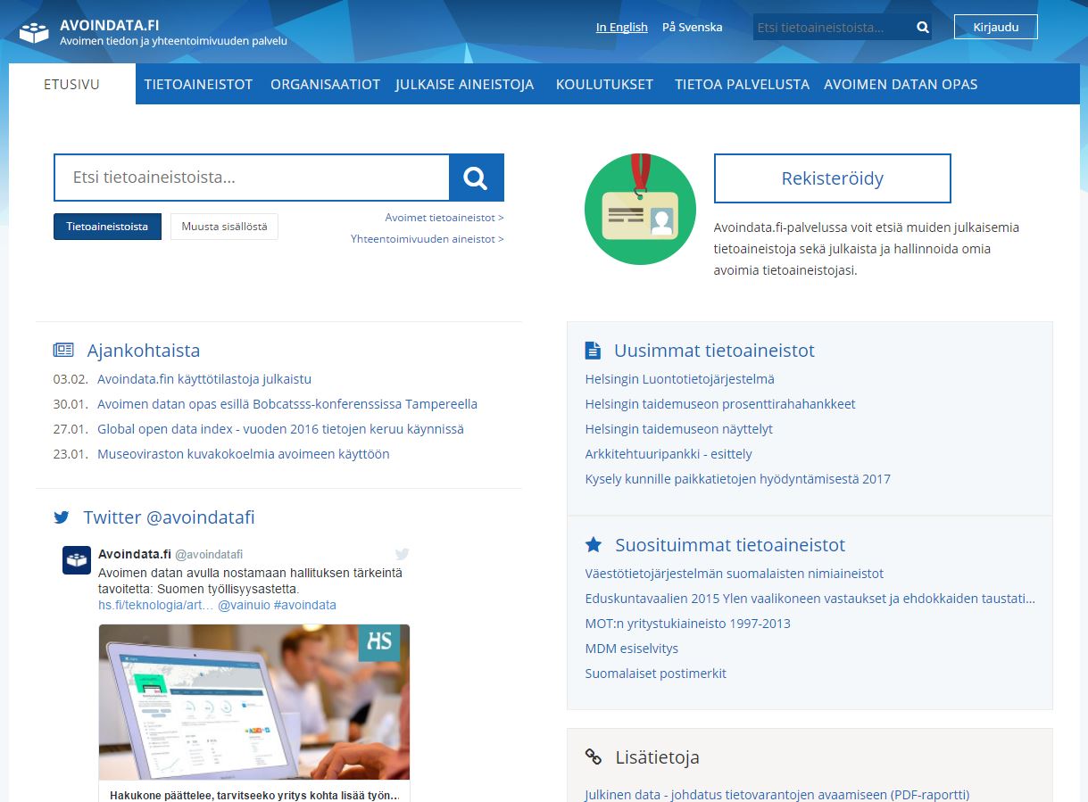 Kuvakaappaus avoindata.fi-sivuston etusivusta.