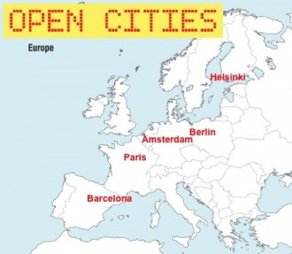 Kuvassa on esitetty Euroopan kartta, johon on merkitty Open Cities -kaupungit Helsinki, Berliini, Amsterdam, Pariisi ja Barcelona.
