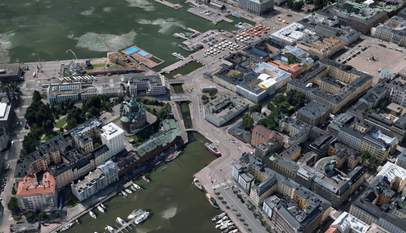 Ote Helsingin kaupunkimallin mesh-mallista. Näkymä ylhäältä päin realistisen näköiselle Kauppatorille.