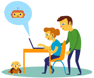 Piirroskuva äidistä, isästä ja lapsesta. Äiti keskustelee tietokoneella neuvolabotin kanssa, isä katsoo vieressä.
