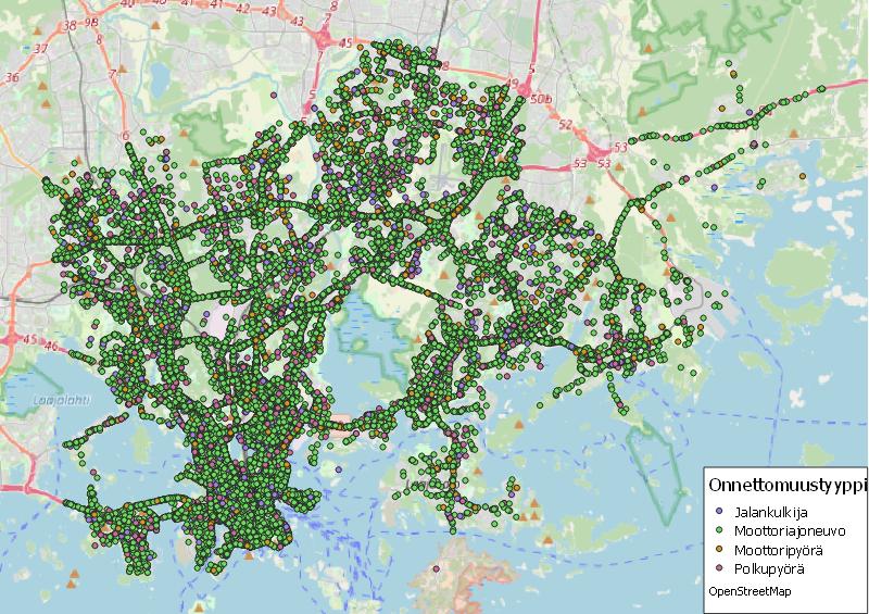 Kartta Helsingistä, johon on merkitty liikenneonnettomuuksien sijainnit pisteinä. Pisteet ovat luokiteltu onnettomuustyyppien mukaan ja luokat on eroteltu väreillä.