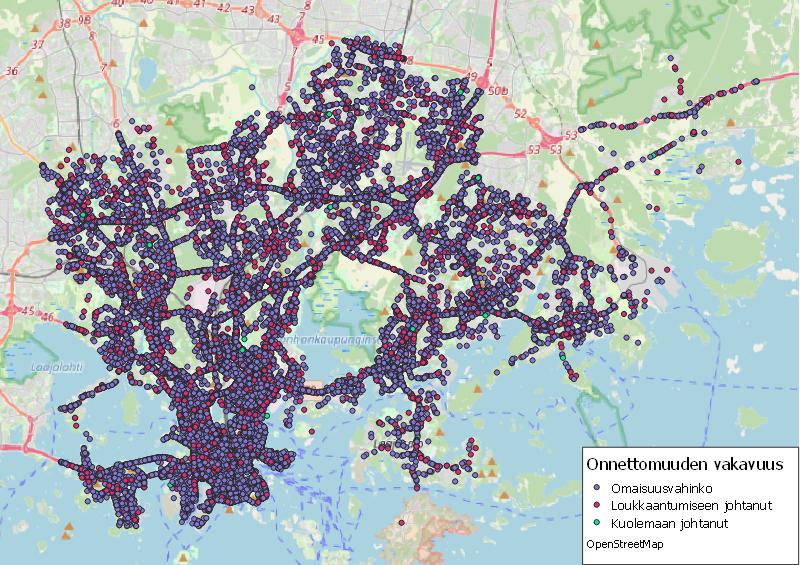 Kartta Helsingistä, johon on merkitty liikenneonnettomuuksien sijainnit pisteinä. Pisteet ovat luokiteltu vakavuuden perusteella ja luokat on eroteltu väreillä.