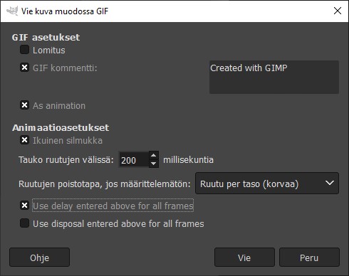 Kuvakaappaus GIMP-ohjelman GIF-muotoisten tiedostojen vientiasetuksista.