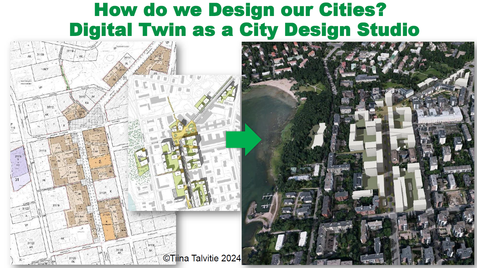 Kuvassa havainnollistetaan pohjapiirrustusten siirtäminen kaksiuloitteisesta karttanäkymästä 3D-karttanäkymään, jota suunnittelijat voivat hyödyntää kaupunkisuunnittelussa.